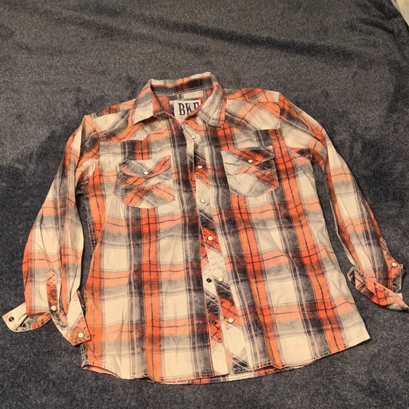 BKE Men's Casual Orange and Blue Plaid Shirt - Picture 1 of 7